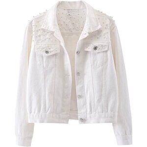 Women's Oversized Denim Jacket Embroidered Pearls Beading Jeans Coat White